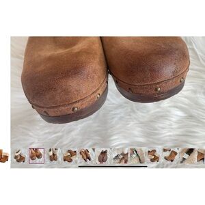 UGG | Women’s Lynnea Shearling Suede Clog Pull-On Boots Wood Heel Tan Leather 7